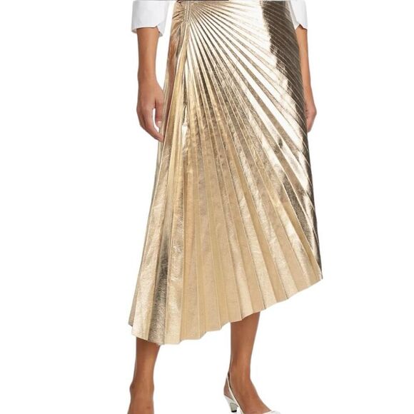A.L.C. Gold Tori Faux Leather Pleated Asymmetric Midi Skirt Size 10